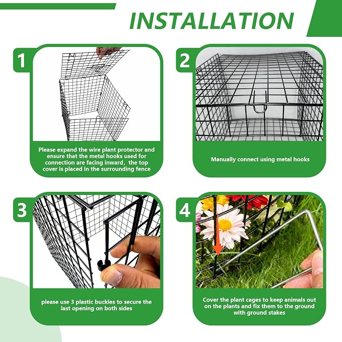 Garden Wire Cloches For Plants Extra Large 13.2" X13.2" X16.7" Rustproof Plant Cages For Outdoor Plants Protectors From Animals With Openable Top Cover & Stakes Plant Cages To Keep Animals Out (4 PCS)