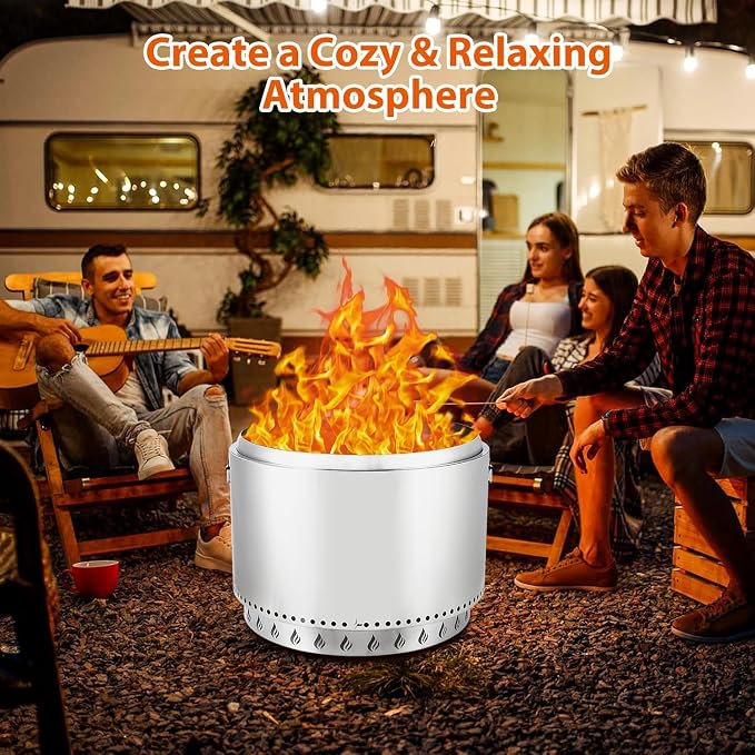 Towallmark Stove Bonfire 2.0 with Stand, 20.5 Inch Smokeless Firepit, 360° Airflow & Removable Ash Pan, with Air Switch, Stainless Steel Wood Burning Fireplace, for 4-6 People, 24 lbs
