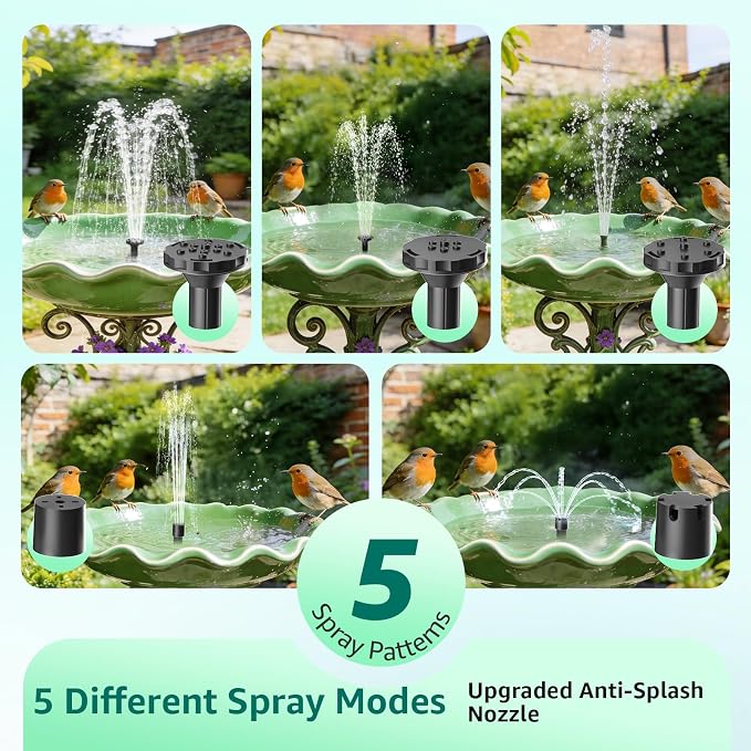 Solar Fountain Pump with Battery Backup, 4W Solar Water Pump Built-in 2000mAh Battery with 9.8Ft Cable, 5 Spray Modes & 4Ft PVC Tubing, Pond Fountain for Bird Bath Garden Water Feature