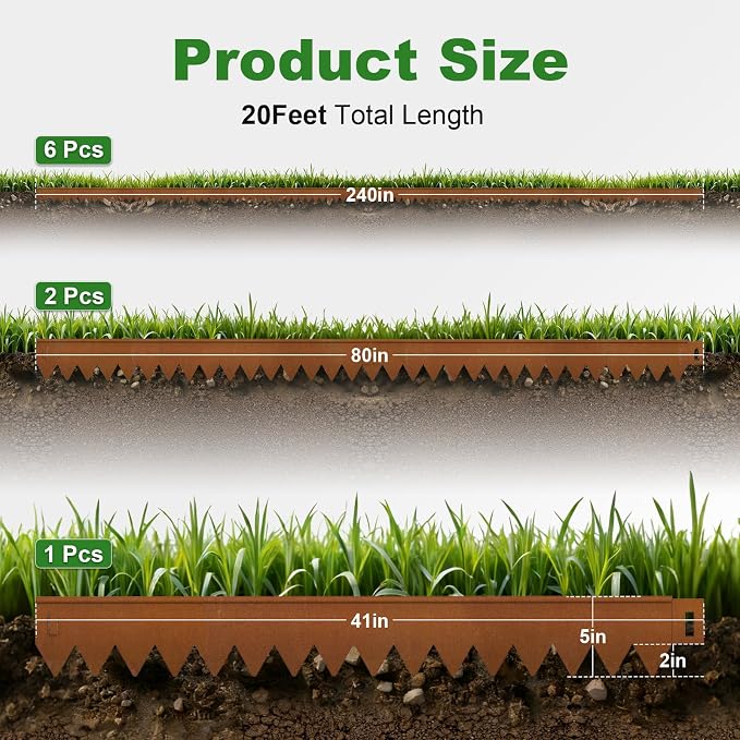Cor Ten Steel Landscape Edging 40" L x 5" H, Hammer-in Landscape Edging, Metal Garden Edging Border with 6 Clips & Gloves - Edge for Lawn Yard COR-Ten Steel (6 Pack)
