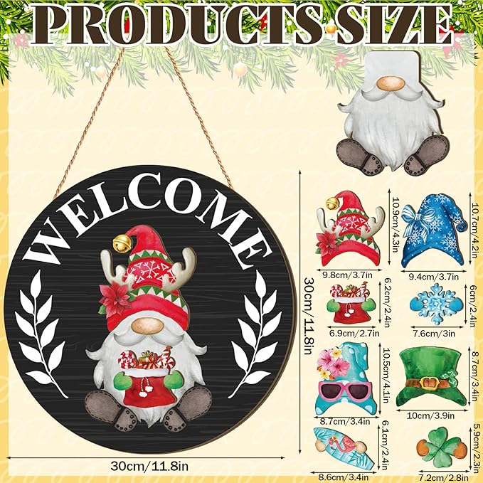 Qunclay Interchangeable Wooden Gnome Decor Holiday Seasonal Gnome Decorations with Magnet Pieces and Detachable Hats Changeable Welcome Sign for Home(Black)