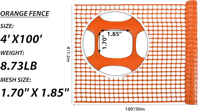 PotatoLife Plastic Mesh Fence Safety Fence, 2 Roll 4'x100' with 100 Zip Ties, Resuable Temporary Netting for Garden Fencing, Construction, Snow Fencing, Animal Barrier, Poultry, Deer, Patio, Orange