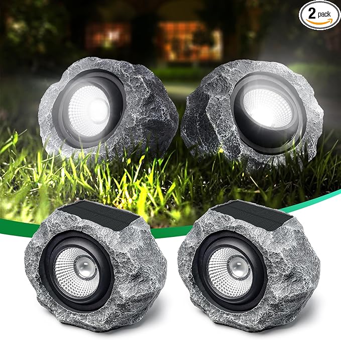 2 Pack Solar Rock Lights Outdoor, Angle Adjustable Solar Lights Outdoor Waterproof, LED Solar Garden Lights, Auto On/Off Landscape Lighting for Yard Pathway Patio Flower Bed - White Glow (Stone Gray)