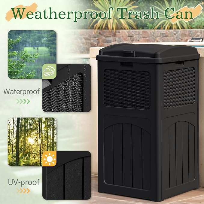 Greesum 33 Gallon Outdoor Trash Can with Lid, Waterproof Resin Garbage Bin for Hideaway, Deck, Patio, Dark Black