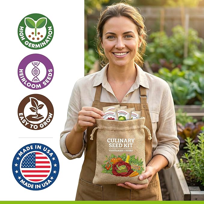 Culinary Vegetable & Herb Seeds Variety Pack - 30 Heirloom Non-GMO Garden Seeds for Planting, Seed Kit with Tools, Made in USA