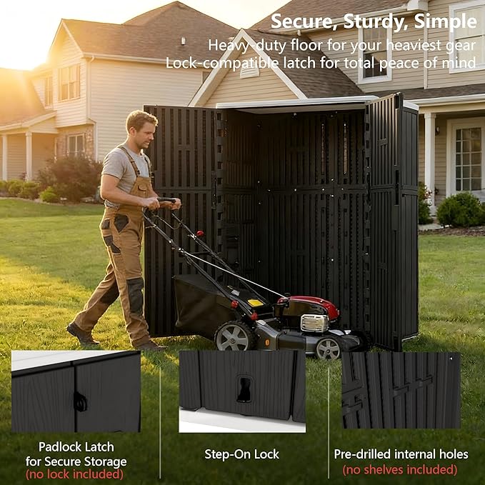 Outdoor Storage Shed 57 Cu.ft Weatherproof Resin Storage Cabinet with Floor, Lockable Vertical Shed for Garden Tools, Lawn Mower, Pool Equipment & Organization – Shelves Not Included