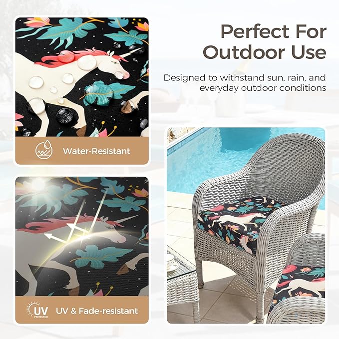 UNIKOME Outdoor Chair Cushions Set of 4, Water Resistant Patio Seat Cushions with Ties for Outdoor Furniture, High-Density Foam, UV & Fade Resistant, Piped Edge – 18.5" x 16" x 3", Unicorn