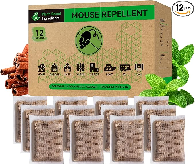 Natural Mouse Repellent Pouches (12-Pack) – Peppermint & Cinnamon Oil Rodent Deterrent – Plant-Based Mice Control for Indoor Use, Cars, RVs, Garages, and Pantries – Lasting Scent Barrier (12)