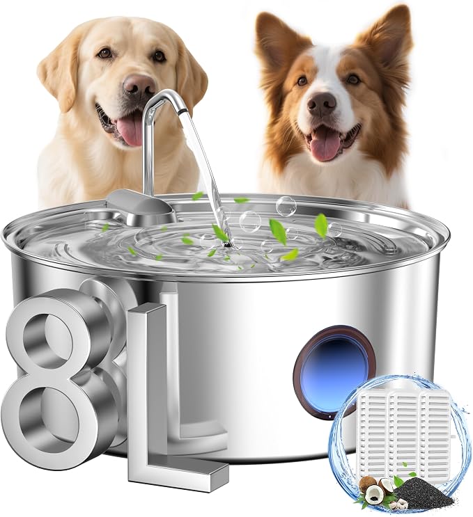 Dog Water Fountain for Large Dogs - 8L/270oz Stainless Steel Dog Water Fountain, Great for Large Dogs Cats and Multi-Pet Home, Quiet Pet Dispenser, Easy-to-Clean Dog Fountain