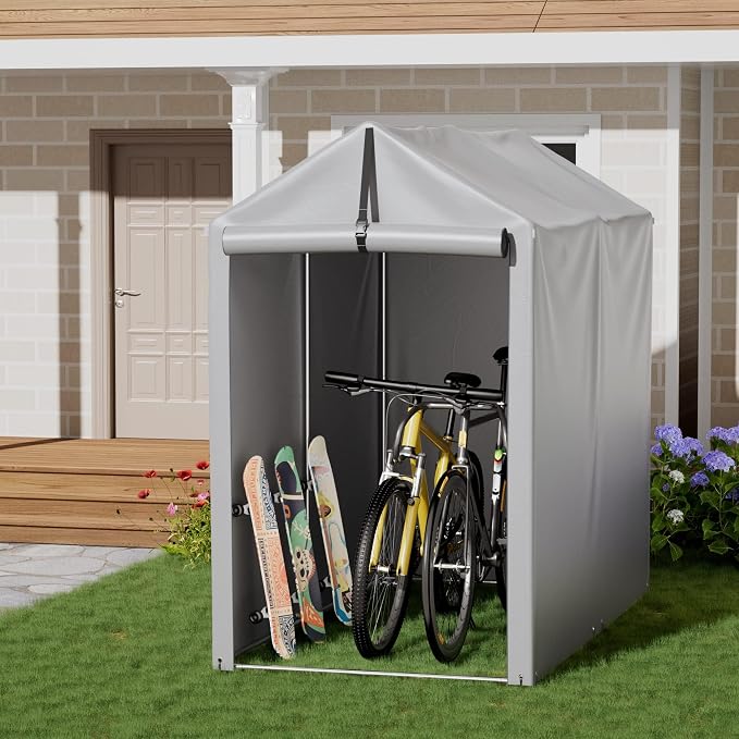 Greesum 6 x 3 ft Storage Shed Canopy Portable Shelter Outdoor Carport Tent with Rolled up Zipper Door for Bike, Motorcycle, Outdoor Tools, Waterproof and UV Resistant, Gray