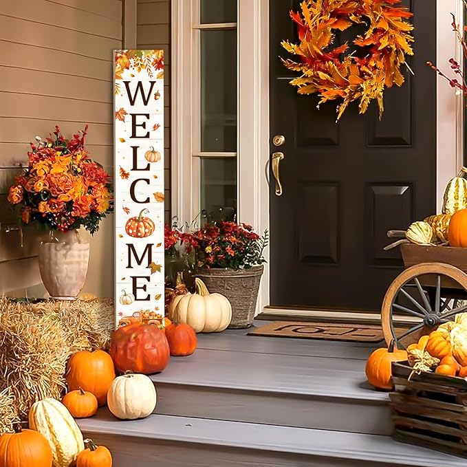 Thanksgiving Porch Sign, Fall Pumpkin Welcome Sign for Front Door, Autumn Truck Decor Yard Sign Thanksgiving Fall Standing Wood Signs Door Signs Indoor Outdoor Vertical Signs for Patio