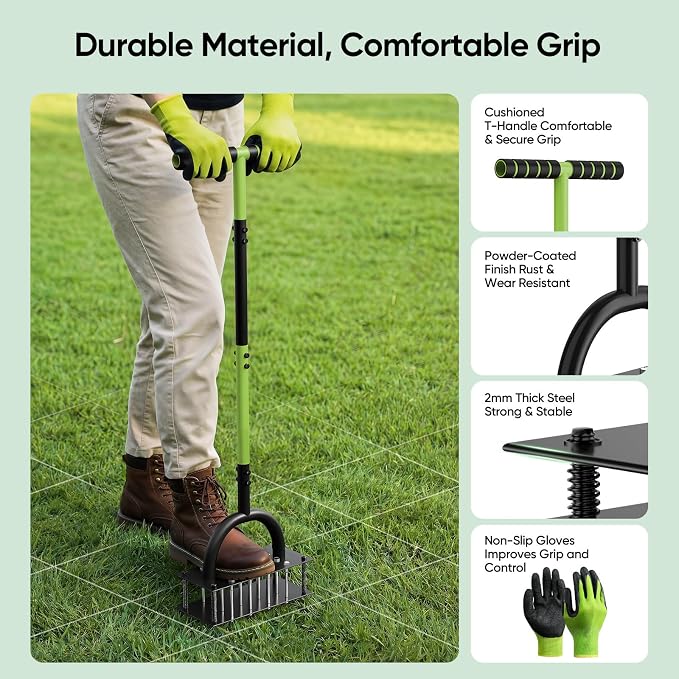 Grenebo Lawn Aerator Manual Aerator Lawn Tool with 16 Spikes, Metal Grass Aerator for Yard, Lawn Aeration, Automatic Soil Ejection, Pre-Assembled Lawn Aerator Tool (Black Green)