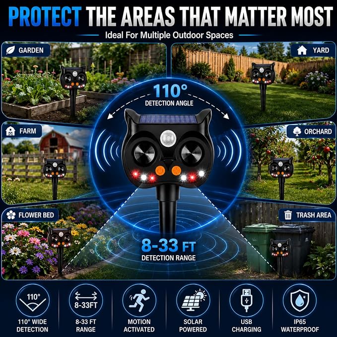 New Solar Animal Repellent Ultrasonic Outdoor for Deer Cat Skunk Squirrel Racoon Fortress Pro Animal Repeller Deterrent Devices with LED Strobe,Motion Sensor,Adjustable Volume and Modes for Yard,2 Pcs