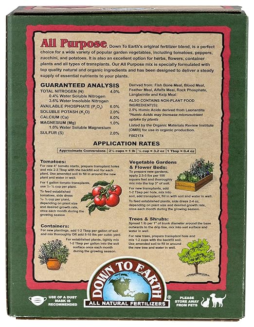 Down To Earth All Natural Fertilizers Organic All Purpose Tomato & Vegetable Mix - Plant Food for Tomatoes, Peppers, Herbs and Flowers 4-6-2, 5 lb