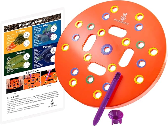 Round Seed Planting Template – Patented Color-Coded Garden Spacing Tool Kit with Seed & Seedling Spacer, Dibber with Seed Spoon & Laminated Vegetable Growing Guide
