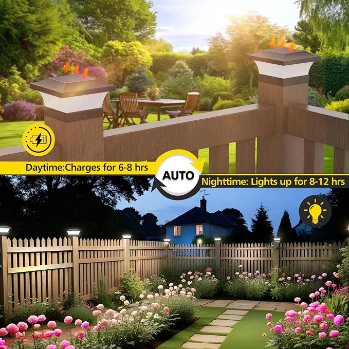 T-SUN Solar Post Lights, Waterproof Outdoor Solar Post Cap Lights for 4X4 Wooden Posts, 6000K Cool White LED Lighting, Deck, Patio, Garden Decor, Fence(2 Pack)