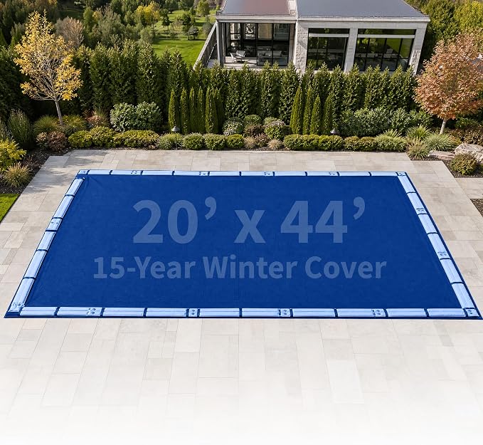 Blue Wave Gold 15-Year 20-ft x 44-ft Rectangular In Ground Pool Winter Cover | Solid polyethylene, black underside, heat-sealed seams, grommets, cable, winch, 5-ft overlap, 15-yr support, blocks debris