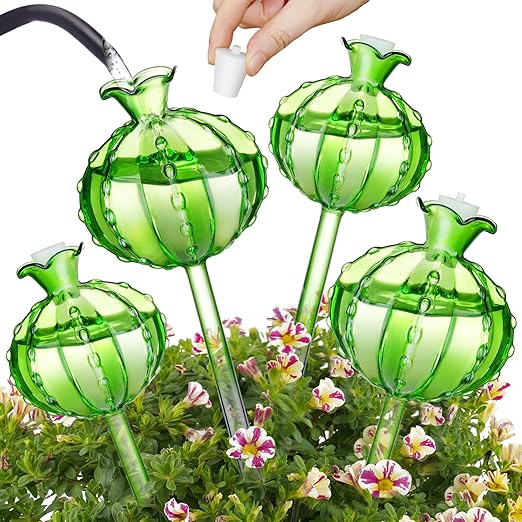 NiHome (2 Small + 2 Large) Plant Watering Globes 4-Pack, Glass Waterer for Potted Plants, Green Glass Cactus Self Watering Globe, Automatic Mini Irrigation System
