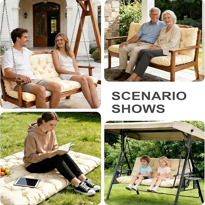Porch Swing Cushions,Outdoor Cushions 3 Seater Replacement with Backrest, Waterproof Thickened Bench Cushion with Ties for Porch, Patio,Outdoor, Backyard and Garden (Beige Yellow 60 * 40 in)