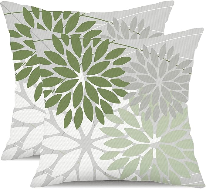 DFXSZ Outdoor Throw Pillow Covers 20x20 Inch Set of 2 Waterproof Spring Summer Geometric Elegant White Green Outdoor Pillow Covers for Patio Funiture Garden Couch 158D20