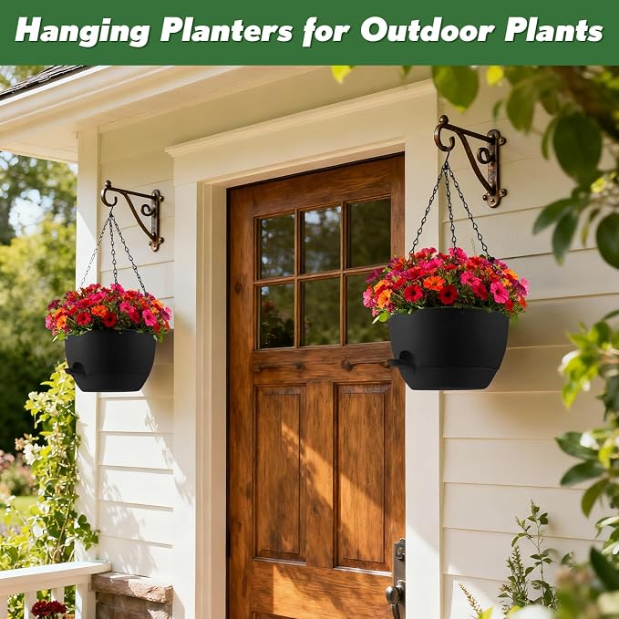 3-Piece Set of 10-Inch Hanging Planters with Automatic Watering System and Drip Tray, Includes Metal Chain, Suitable for Various Indoor and Outdoor Plants and Flowers,Black