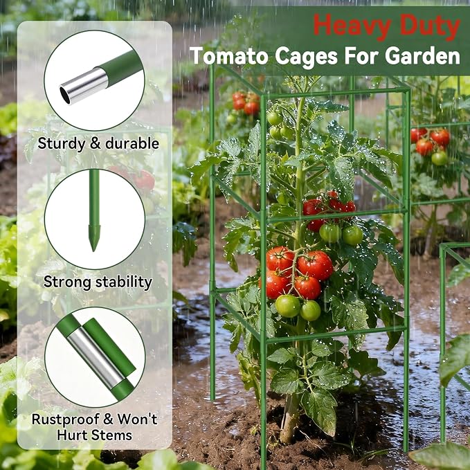 Halatool 4 Pack 72" Extra Tall Square Tomato Cages, Heavy Duty Metal Plant Support for Indeterminate Tomatoes, Climbing Plants, Vegetables, Up to 6ft Garden Cages for Indoor Outdoor Raised Beds, Pots