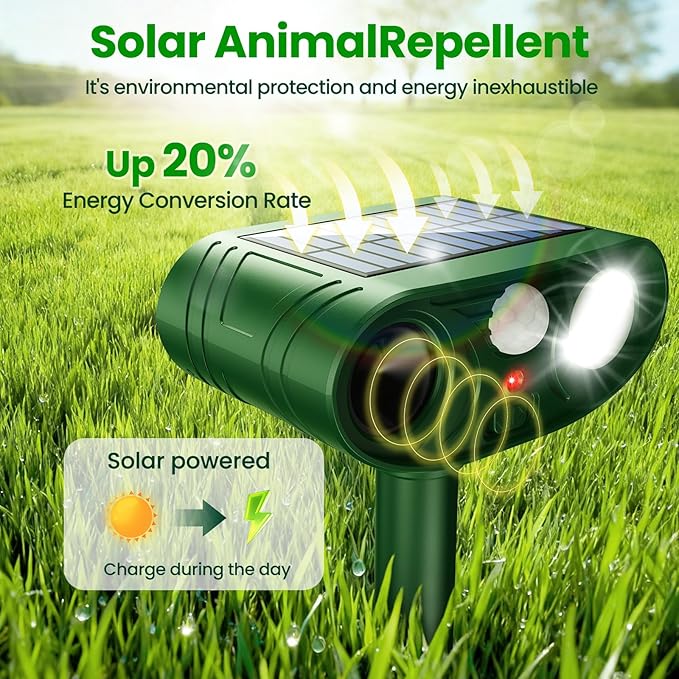 2026 Upgraded Ultrasonic Solar Animal Repellent Outdoor, Deer Repellent Devices Waterproof, Cat Repellent Outdoor with Motion-Activated Deterrent, Repels Squirrel, Deer, Raccoon for Yard (4-Pack)