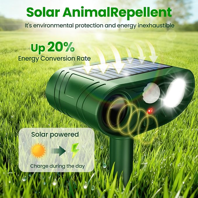2026 Upgraded Ultrasonic Solar Animal Repellent Outdoor, Deer Repellent Devices Waterproof, Cat Repellent Outdoor with Motion-Activated Deterrent, Repels Squirrel, Deer, Raccoon for Yard (2-Pack)