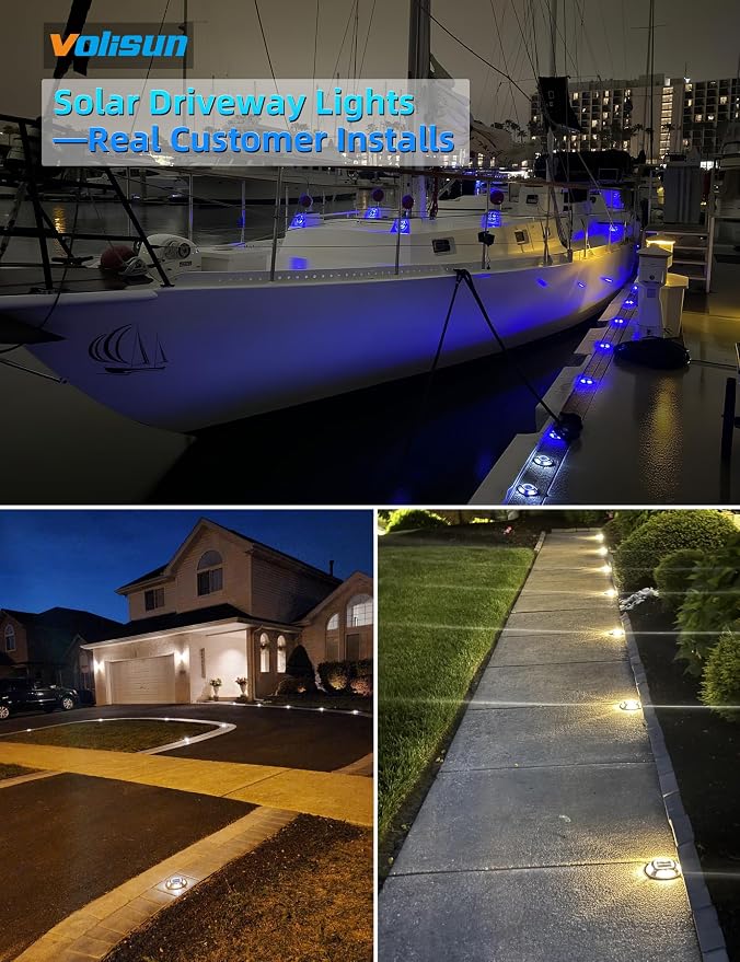 VOLISUN Solar Driveway & Deck Lights 12 Pack Waterproof Dock & Marine Ground Lights,2-in-1 Blue & White LED,Solar Marker for Pathways,Steps,and Warning Signs,Auto On/Off
