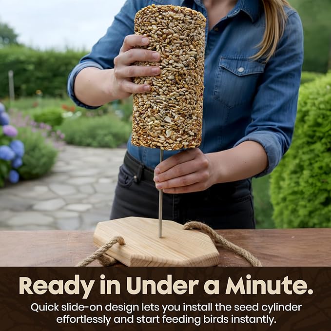 Cylinder Bird Feeders for Outdoors - Weather Resistant Wood Cylinder Feeder with a Bird Safe Protective Clear Finish - Holds Bird Seed Cylinders with Hole, Logs, & Birdseed Cakes