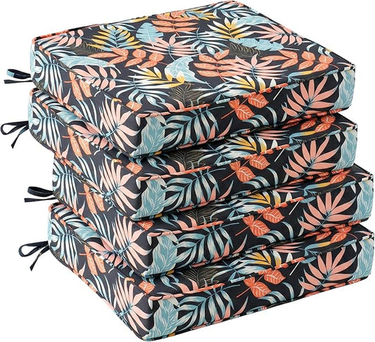 UNIKOME Outdoor Chair Cushions Set of 4, Water Resistant Patio Seat Cushions with Ties for Outdoor Furniture, High-Density Foam, UV & Fade Resistant, Piped Edge – 18.5" x 16" x 3", Colorful Leaves
