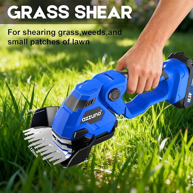 AZZUNO Hedge Trimmer Cordless, 21V Battery Powered Electric Hedge Trimmer Grass Shears with Battery and Charger Included, 2-in-1 Handheld Grass Cutter Shrub Trimmer for Gardens, Yards, Lawns