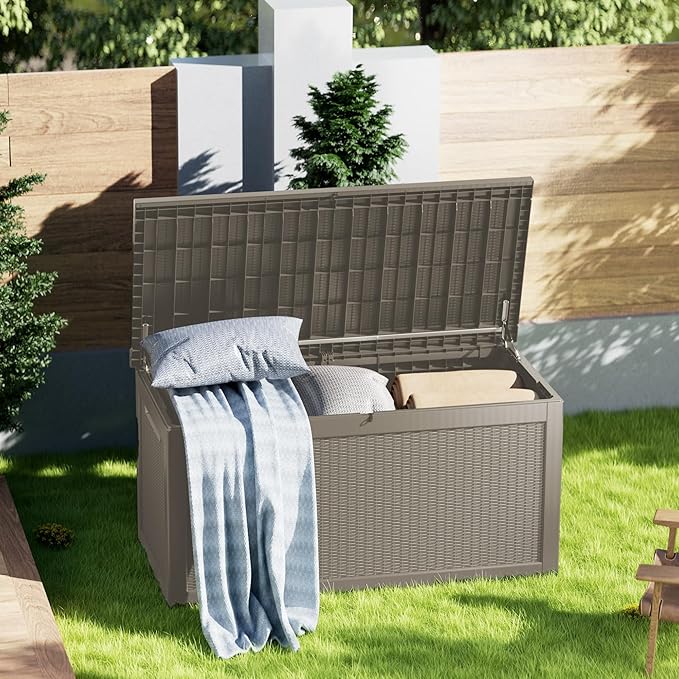 Outdoor Storage Box 325GAL Waterproof Resin Deck Box,Pool Accessories Supplies，UV-Resistant Lockable Package Delivery Bin for Garden Tools,Large Patio Outside Cushions,Chest,Furniture,Grey
