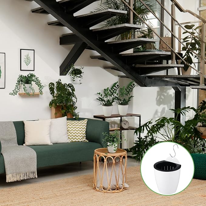 Yungyan 10 Sets 5" Self Watering Hanging Planter White Lazy Flower Pots Plastic Wall Propagation Window Wall Mount Planter with Hooks and Absorbent Cotton Ropes for Indoor Succulent Plants