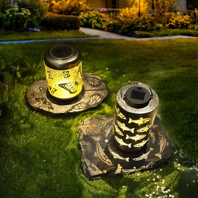 HONGLAND Solar Lanterns Outdoor Father Day Birthday Gifts for Women, Waterproof Hollowed-Out Fish Design with Warm White LED, Auto On/Off Solar Hanging Lights for Garden, Patio, Porch Decor
