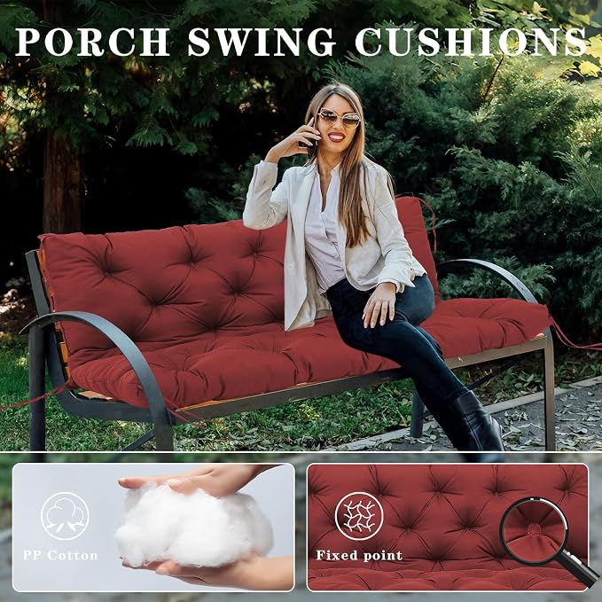 Porch Swing Cushions Outdoor, 5 Inch Thick Waterproof 2-3 Seater Replacement Swing Cushion with Backrest and Anti-Slip Ties, Perfect for Porch, Patio, Garden, Outdoor Bench Furniture, 40×40×5 Inch