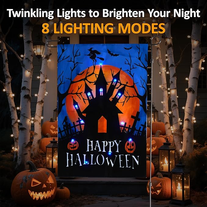 LED Christmas Haunted House Garden Flag Stake, Solar-Powered Double-Sided Outdoor Decor, Scary Yard Flag for Patio Lawn Thanksgiving Party Winter Holiday Decorations & Gifts