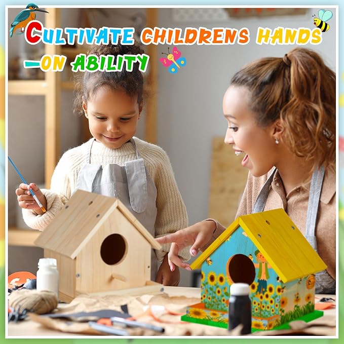 Liliful 24 Sets Wooden DIY Birdhouse Kit, Unfinished Bird Houses with Paints and Paintbrushes, Bird Feeder Craft Arts for Kids Ages 4-8, 8-12, Classroom Activity and Adults Wooden Craft Gifts