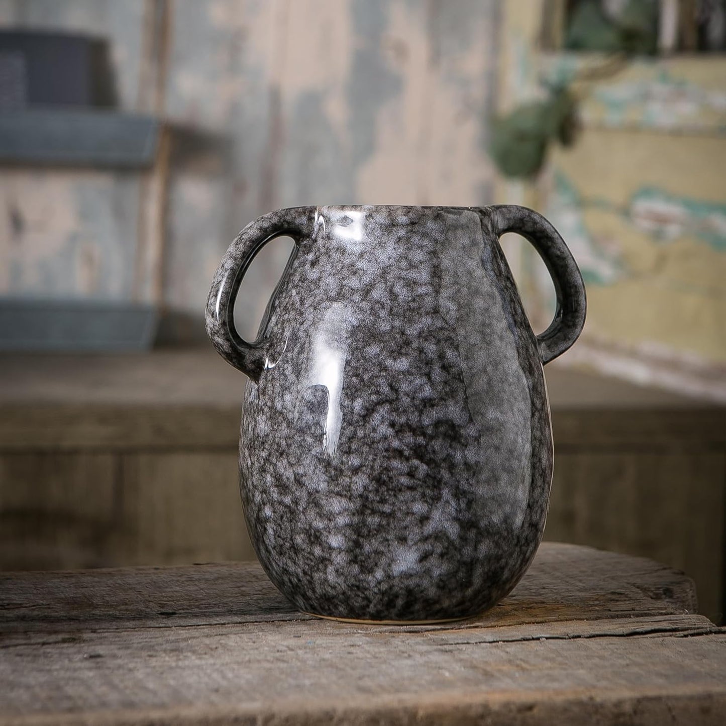 Black Ceramic Vase with 2 Handles, Modern Farmhouse Decor, Rustic Terracotta Pottery, Decorative Flower Vases, Clay Small Vase, Centerpiece for Dining Table - 7 Inch Tall