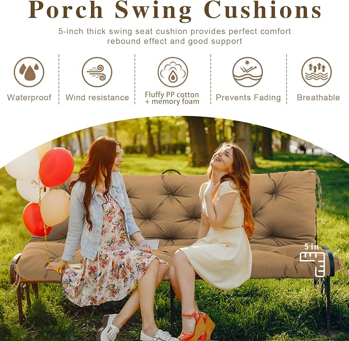 5" Thick Waterproof Porch Swing Cushion 40 x 40 in 3 Seater Replacement Outdoor Swing Cushions with Back Support Patio Swing Cushion for Outdoor Bench Furniture
