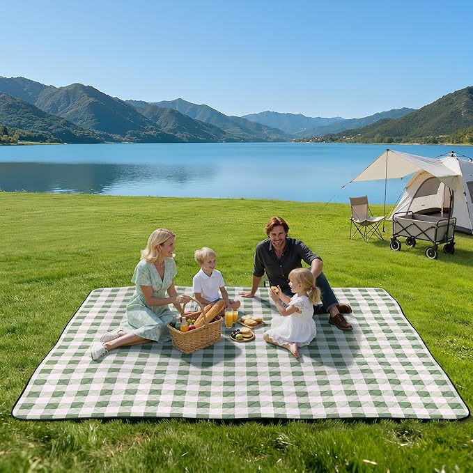 TigeJoy Small Picnic Blanket Waterproof 60x60, 5-Layer Thick Beach Blanket Sandproof, Gingham Picnic Blanket Outdoor Picnic Mat for Beach, Park, Grass, Travel, Hiking, Camping Essentials