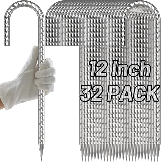 AAGUT Rebar Stakes 12 Inch J Hook Heavy Duty 32 Pack, 5/16 Inch Galvanized Metal Steel Ground Anchors Chain Link Fence Stakes for Camping Tent, Inflatables, Yard Decorations, Canopies & Swing Sets