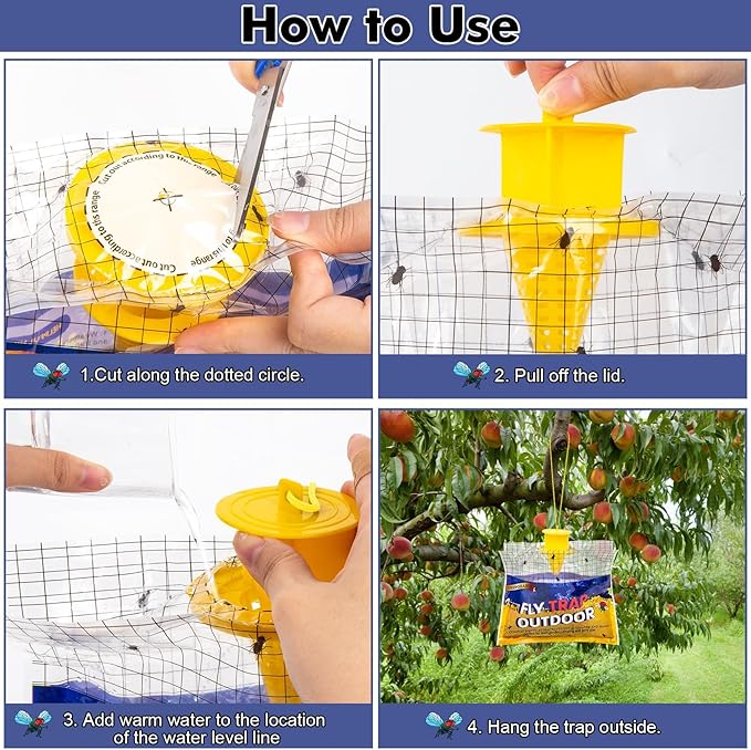 Disposable Fly Traps 6 Pack Bags Outdoor, Flies Catcher Traps with Natural Pre-Bait Refill Repellent, Reusable Stable Horse Ranch Trapper Outdoor Hanging Fly Killer Helps Control Flies