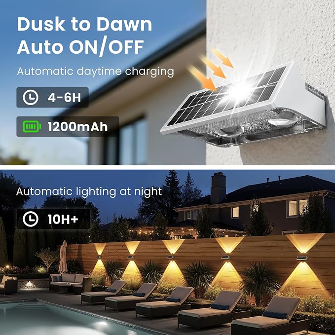 JOFIOS Solar Fence Lights Outdoor,8Pack,Warm White+RGB 9 Colors,1200mAh,Up and Down Fence Lights Solar Powered Waterproof,Solar Wall Lights for Fence,Backyard,Porch（White）