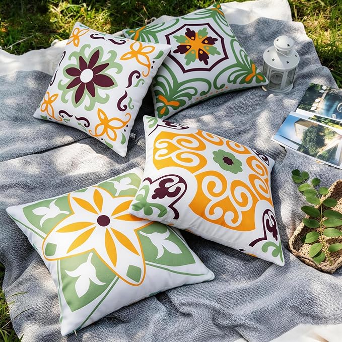 Pyonic Sage Green Outdoor Pillows Waterproof Throw Pillow Covers Set of 4 Floral Printed Spring Summer Outdoor Pillow Covers for Patio Funiture Garden 18x18 Inch