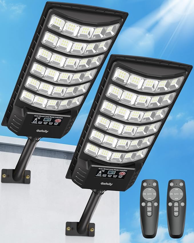Gefolly Solar Lights Outdoor, 6500K Street Lights Outdoor Dusk to Dawn, IP67 Waterproof Solar Flood Security Lights with Motion Sensor for Warehouse, Yard, Garage-2Pack