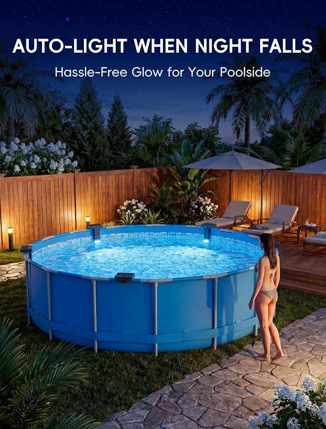 POOLHOUR Solar Pool Lights for Above Ground Pools (Metal Frame Only), LED Above Ground Pool Light with Remote & Timer, Submersible Underwater Lighting, 10-Color RGB 4-Mode Poolside Solar Light, 1 Pack