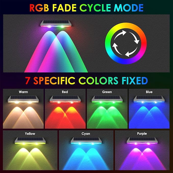 8 Pack Solar Fence Lights Outdoor - Warm White & RGB 6 Color, Dusk to Dawn Deck Light, Solar Powered Light Outdoor IP65 Waterproof, Solar Garden Lights for Outside/Backyard/Railing/Step/Patio/Wall