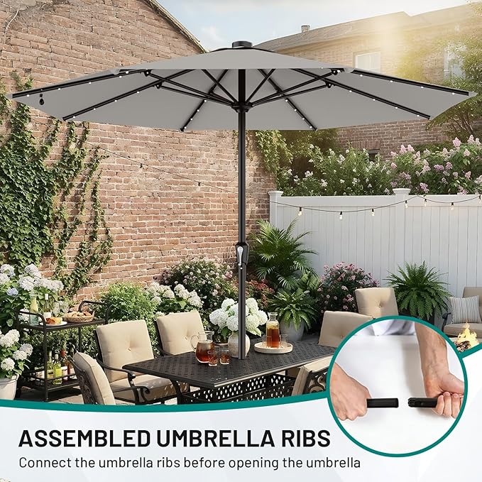 AreShark 11FT Large Patio Umbrella with Solar Lights, Lighted Solar Umbrella with Crank, Outdoor Table Market Umbrellas for Garden, Deck, Backyard, Pool and Beach, Light Gray