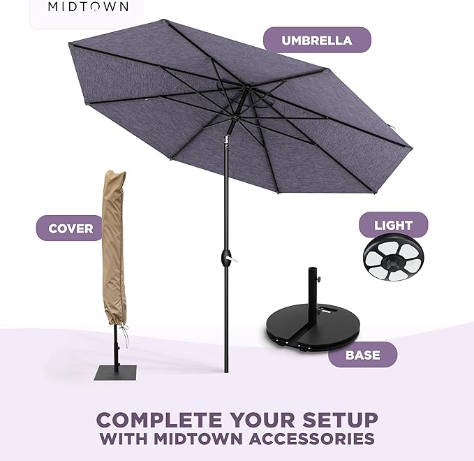 Midtown Umbrellas 10-Year-No-Fade - 8 Feet outdoor umbrella Terylast Purple Texture Polyester Fabric - Auto-Tilt Aluminum Frame Patio Umbrella For Deck, Garden, Pool - Black Pole